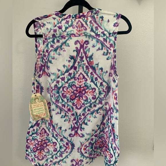 NWOT Aratta Cream Sleeveless Button DownTank with Purple & Teal Print - Picture 4 of 16